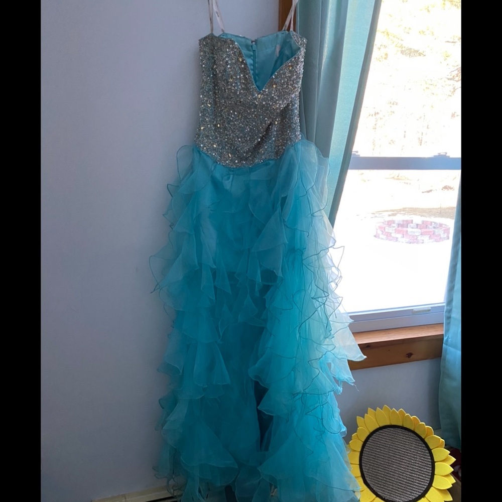 TEAL STRAPLESS HIGH LOW STYLE SPARKLY PROM DRESS